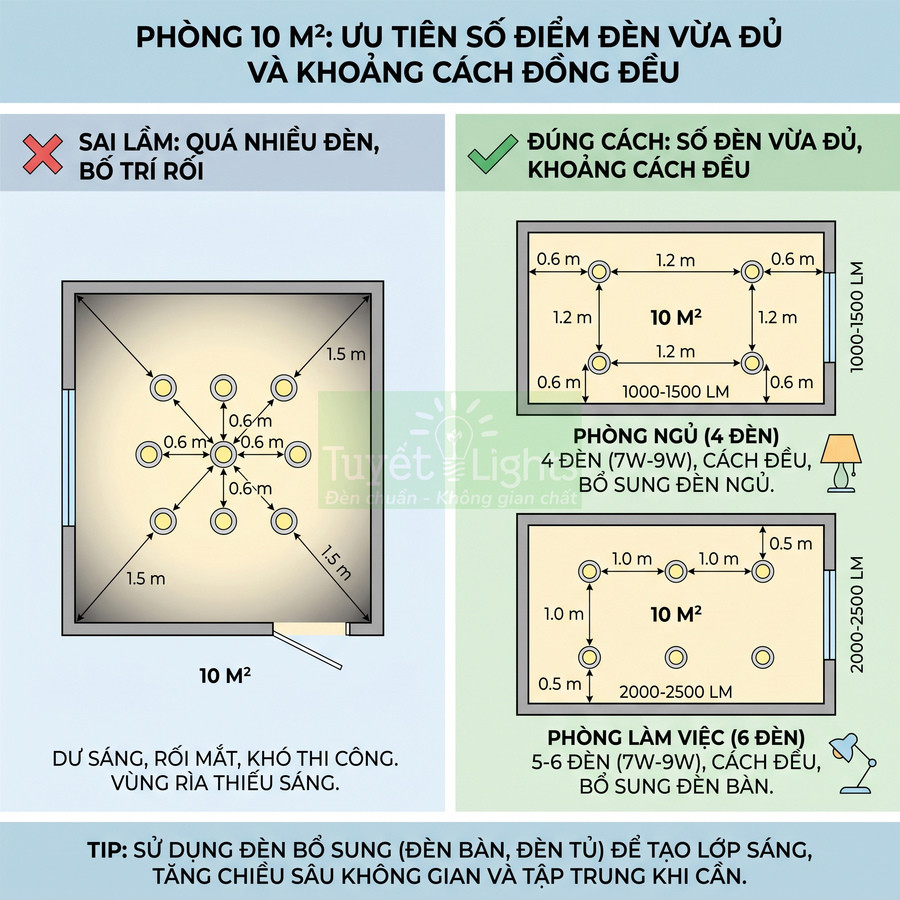 Sơ đồ bố trí đèn LED âm trần cho phòng 10m2 với số lượng và khoảng cách đèn hợp lý