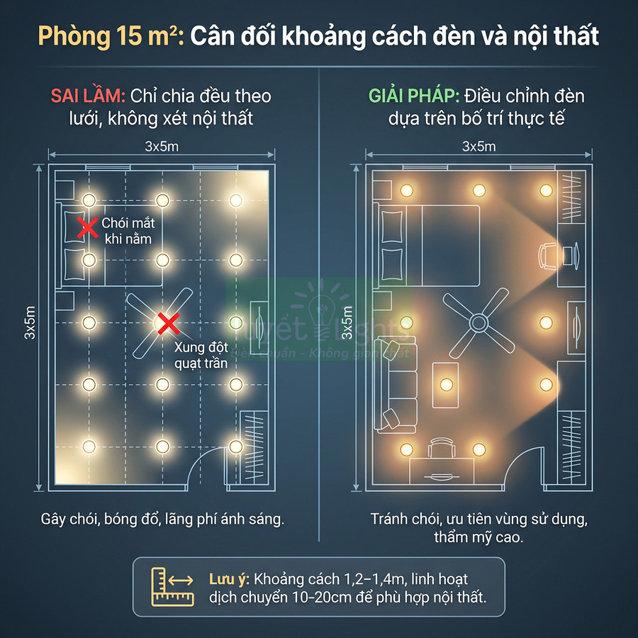 Sơ đồ bố trí đèn trần cho phòng ngủ 15m2, so sánh cách lắp sai và giải pháp tối ưu theo nội thất