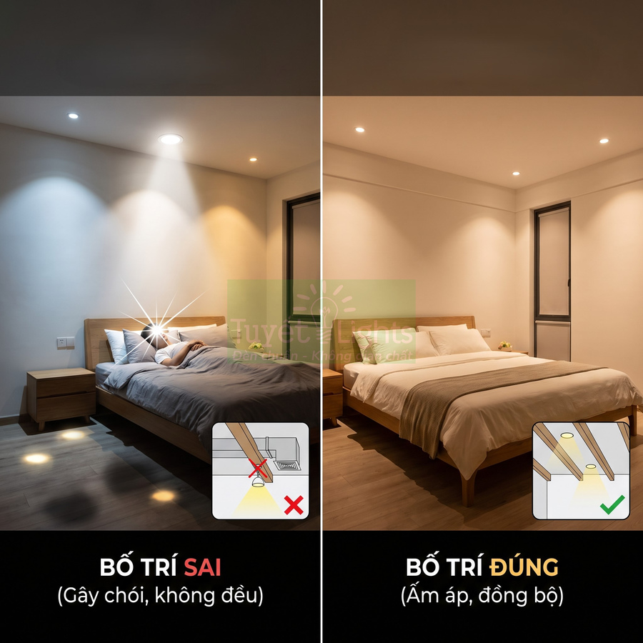 So sánh bố trí đèn âm trần sai và đúng trong phòng ngủ giường gỗ, ánh sáng chói và ánh sáng ấm áp