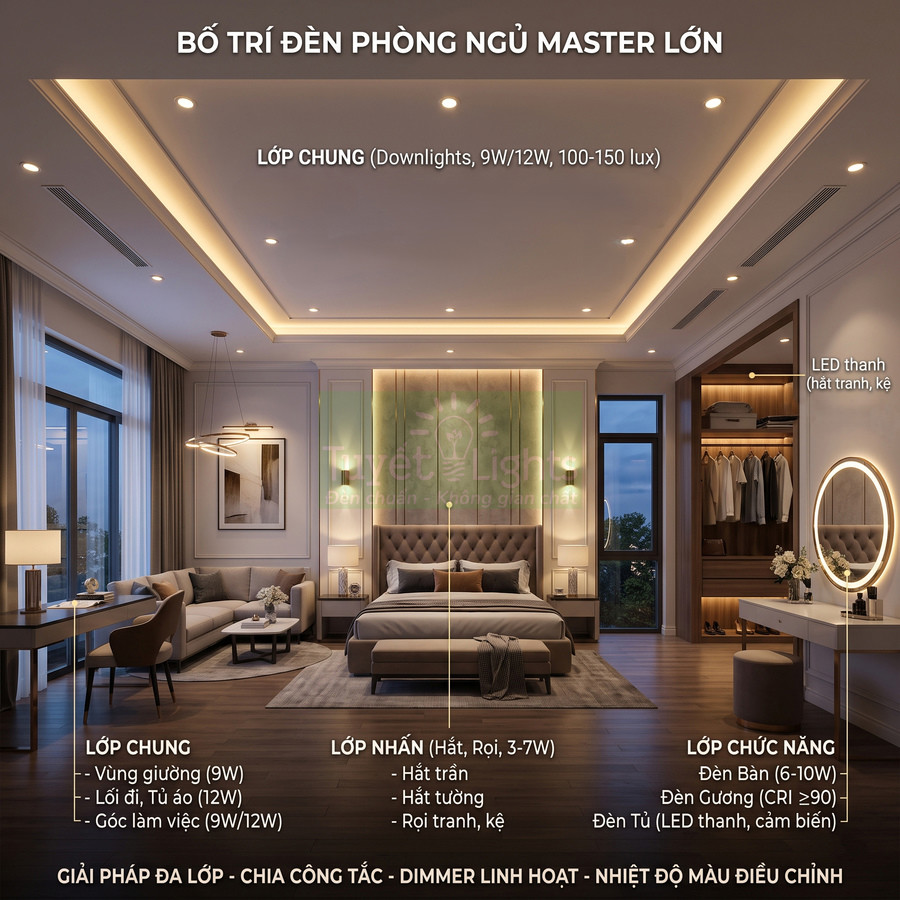 Phòng ngủ master hiện đại với hệ thống đèn LED âm trần, đèn bàn, đèn gương và đèn tủ bố trí nhiều lớp