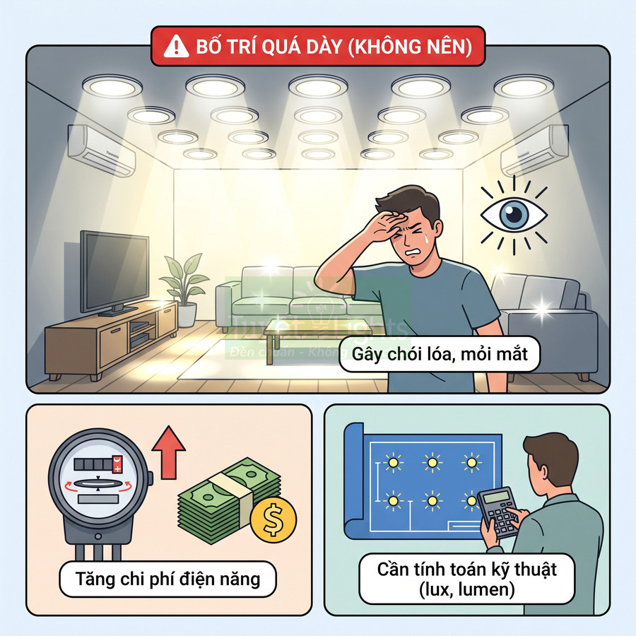 Phòng khách lắp quá nhiều đèn trần LED gây chói mắt, mỏi mắt và tăng chi phí điện năng