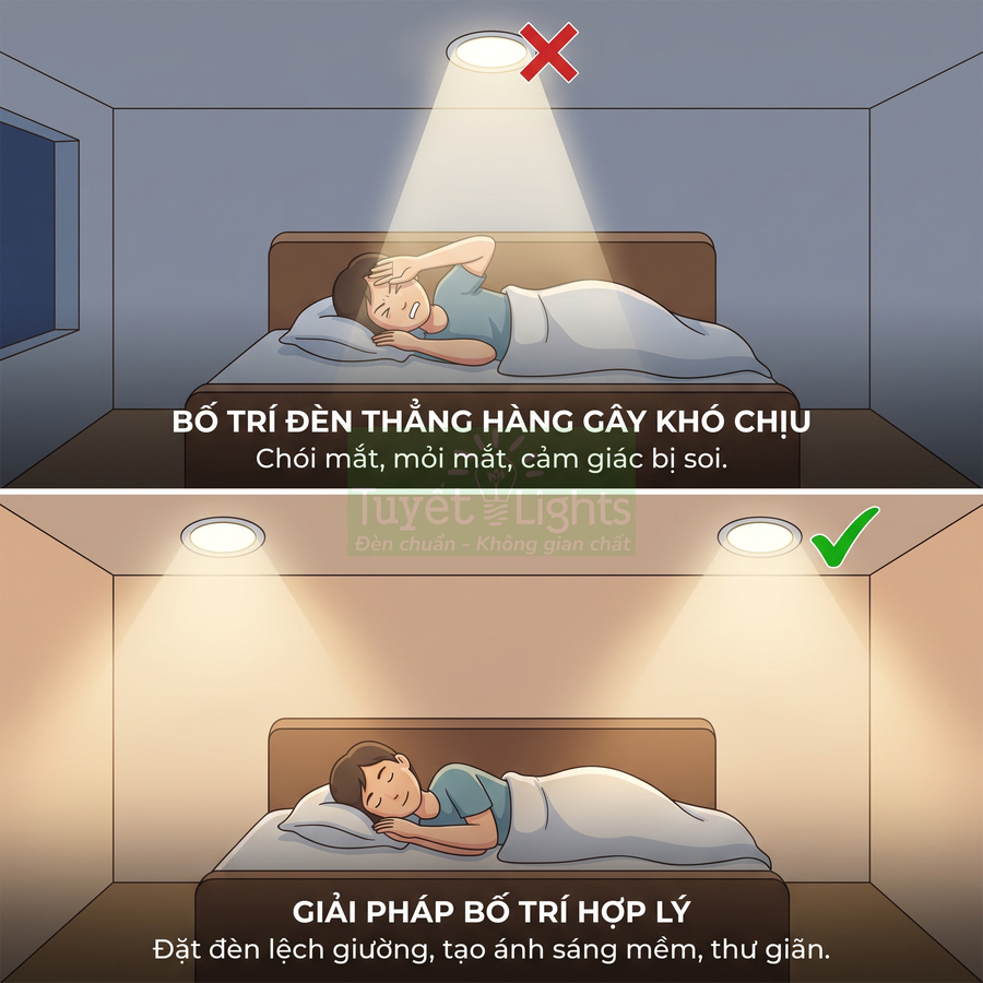 Minh họa cách bố trí đèn trần phòng ngủ, so sánh đặt đèn thẳng trên giường và đặt lệch tạo ánh sáng dễ chịu