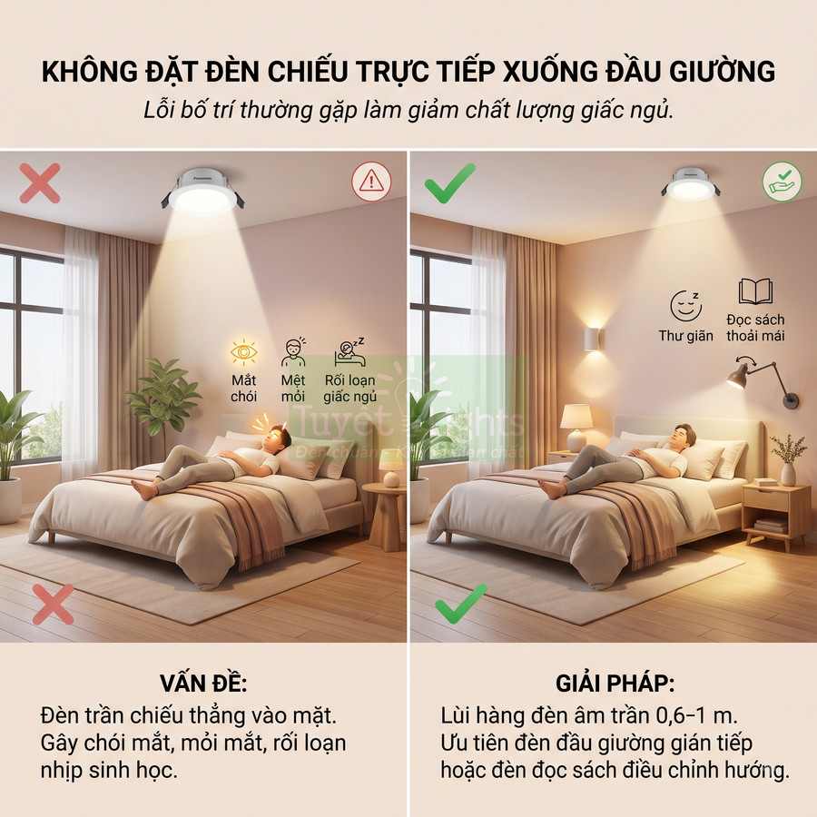 Cách bố trí đèn ngủ âm trần và đèn đọc sách đầu giường giúp thư giãn, tránh ánh sáng chiếu thẳng vào mặt