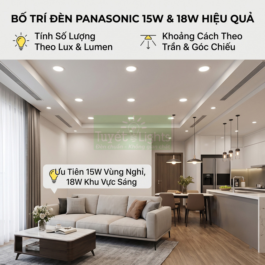 Bố trí đèn âm trần Panasonic 15W và 18W cho phòng khách liền bếp hiện đại, ánh sáng trắng dịu