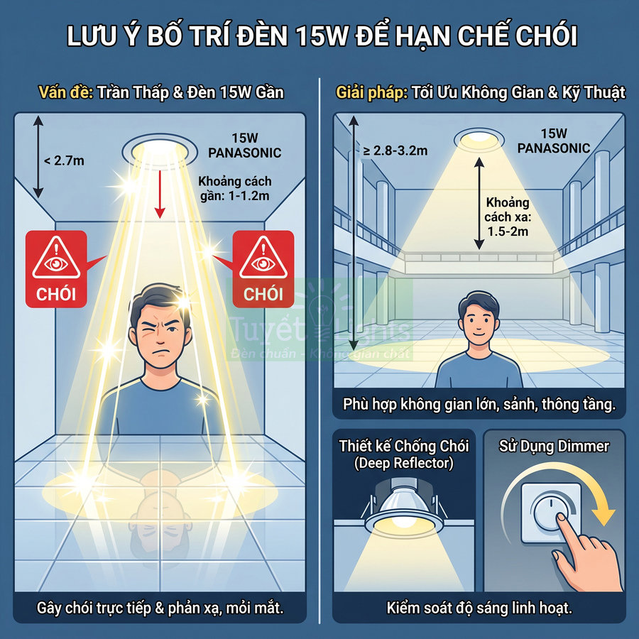 Hướng dẫn bố trí đèn LED 15W Panasonic chống chói cho trần thấp và không gian lớn