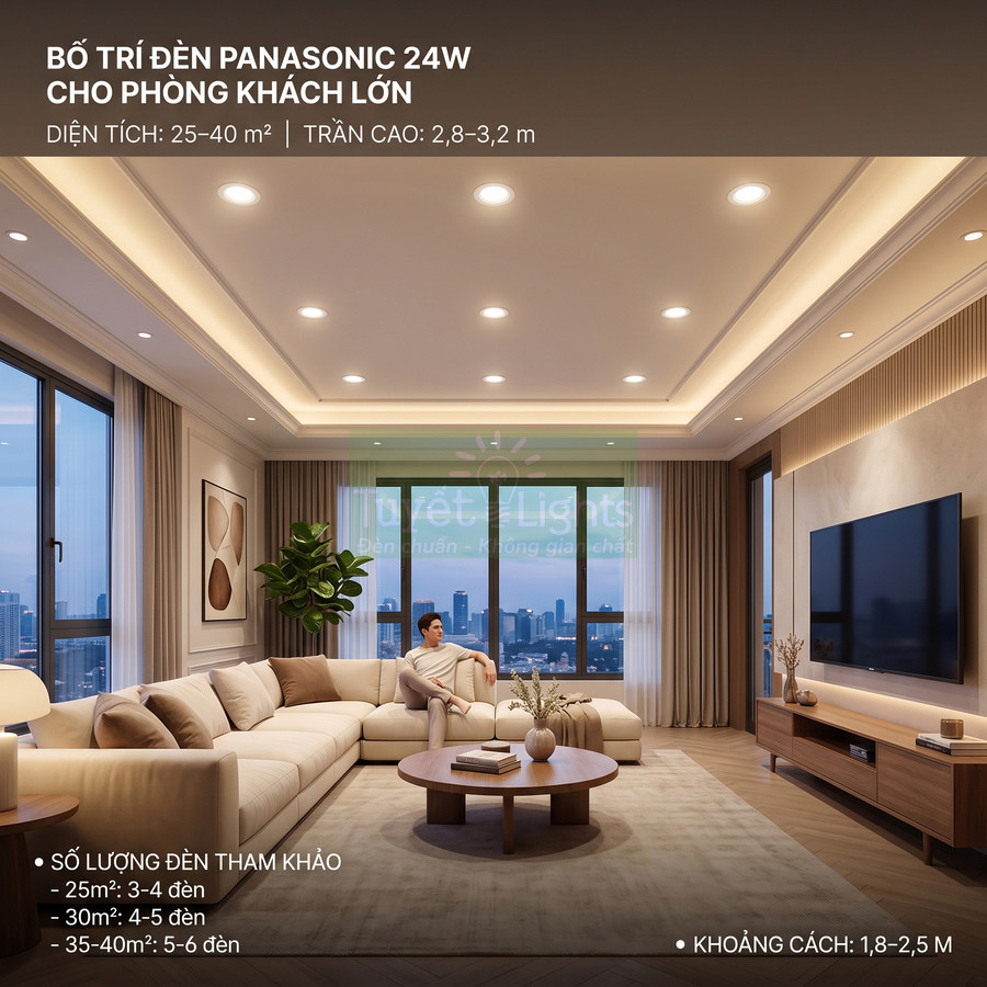 Bố trí đèn âm trần Panasonic 24W cho phòng khách lớn hiện đại với trần cao và sofa góc sang trọng