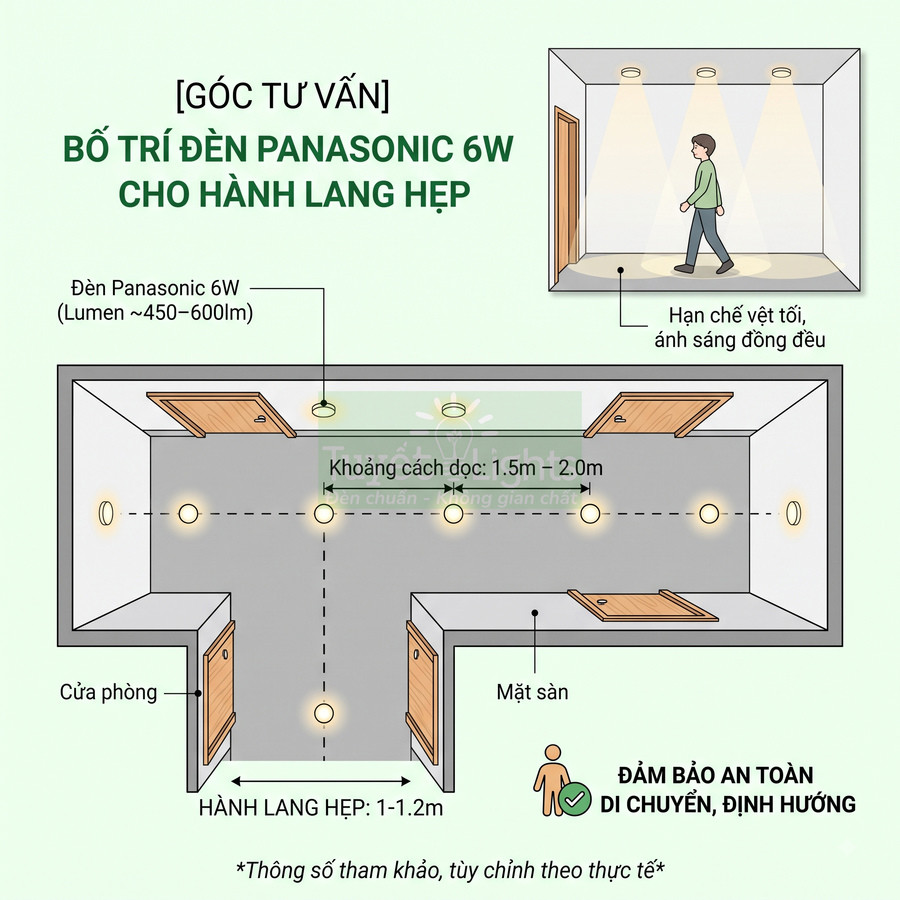 Sơ đồ bố trí đèn Panasonic 6W chiếu sáng hành lang hẹp đảm bảo ánh sáng đều và an toàn di chuyển