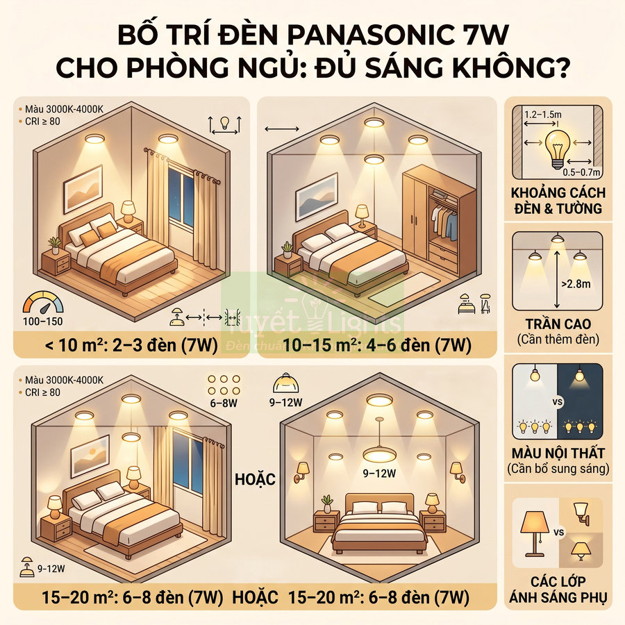 Hướng dẫn bố trí đèn LED Panasonic 7W cho phòng ngủ theo diện tích và chiều cao trần