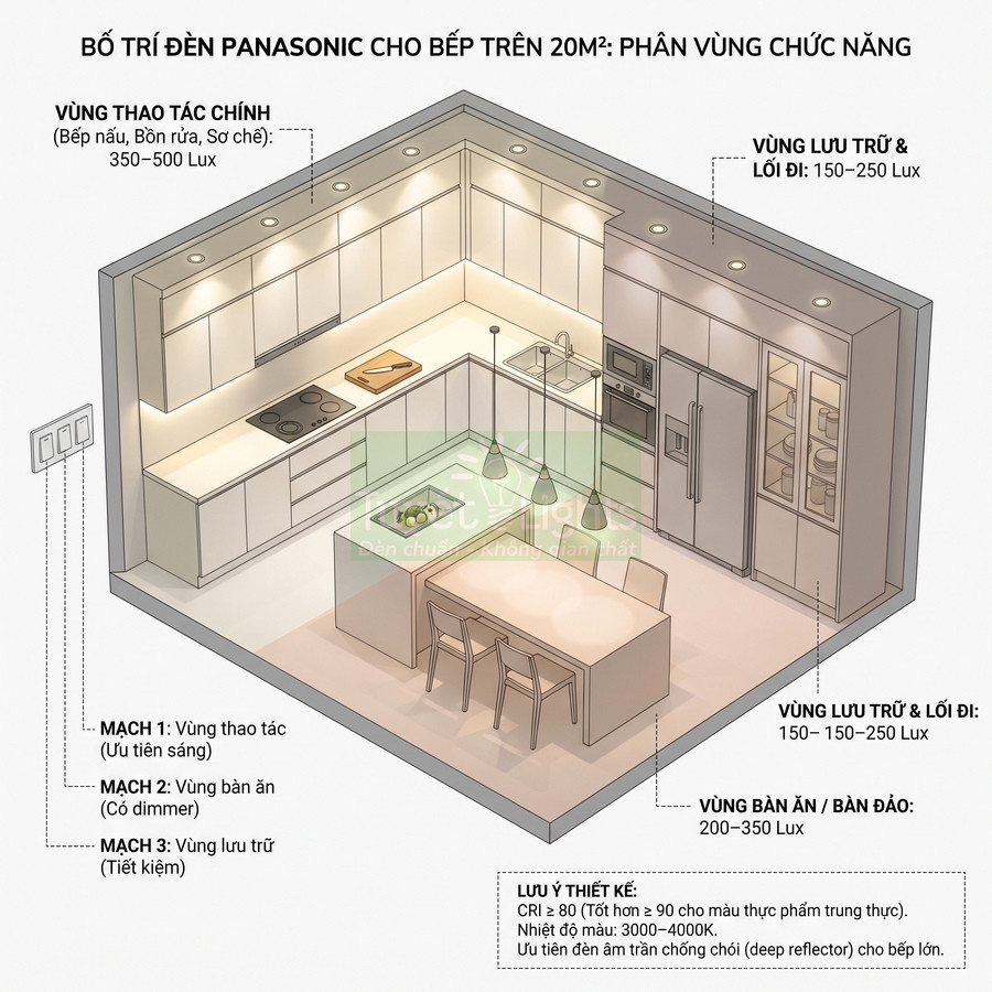 Sơ đồ bố trí đèn Panasonic cho bếp lớn với các vùng thao tác, bàn ăn và lưu trữ được chiếu sáng riêng