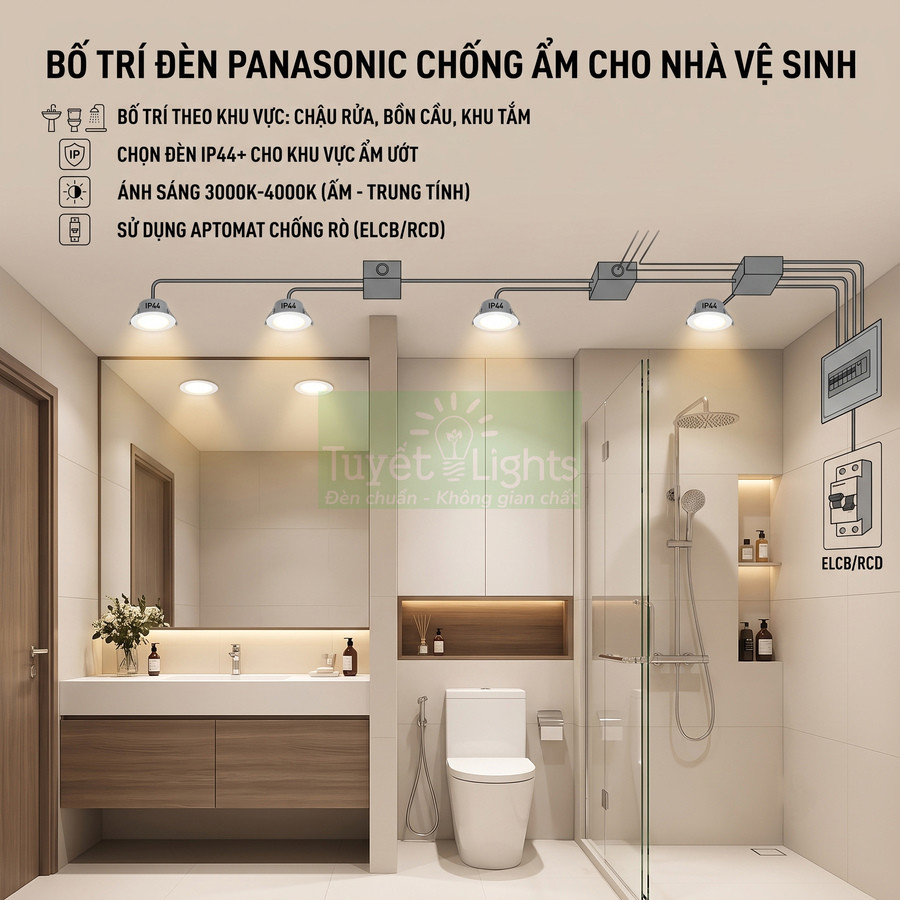 Bố trí đèn âm trần Panasonic chống ẩm cho nhà vệ sinh hiện đại với khu vực chậu rửa bồn cầu và phòng tắm kính