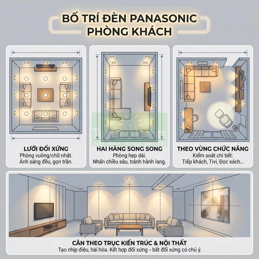 Sơ đồ bố trí đèn trần Panasonic cho phòng khách với nhiều cách sắp xếp chiếu sáng khác nhau
