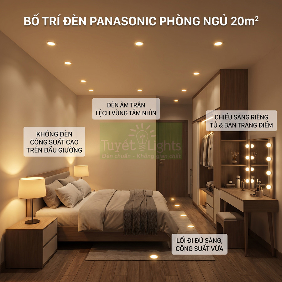 Bố trí đèn Panasonic cho phòng ngủ 20m2 với đèn âm trần, đèn bàn đầu giường và đèn gương bàn trang điểm