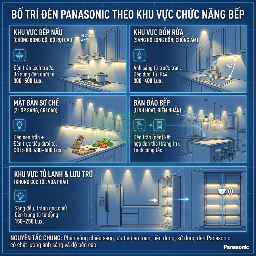 Infographic bố trí đèn LED Panasonic cho từng khu vực chức năng trong phòng bếp hiện đại