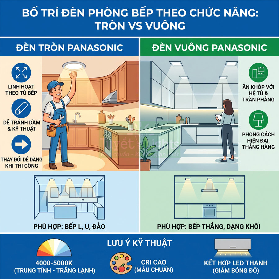 So sánh bố trí đèn tròn Panasonic và đèn vuông Panasonic cho các kiểu phòng bếp khác nhau