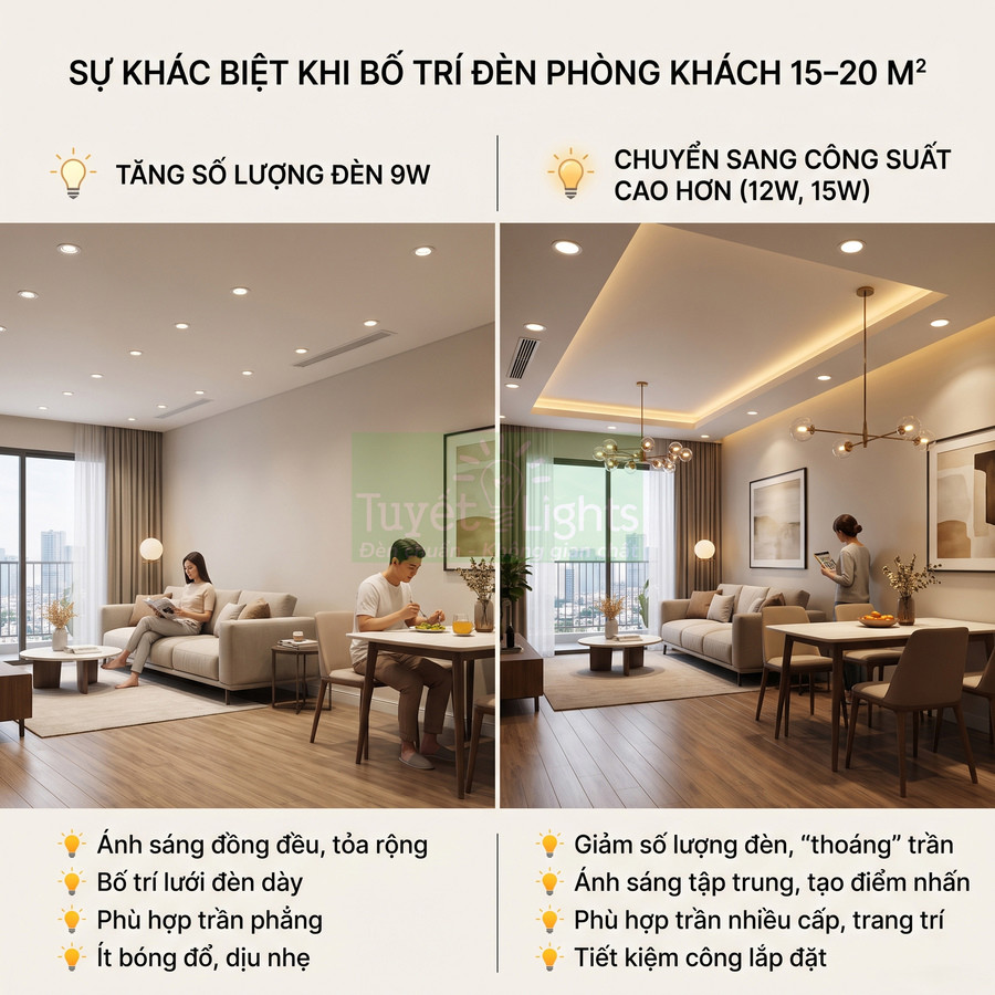 So sánh bố trí đèn LED phòng khách 15–20m2 với nhiều đèn 9W và ít đèn công suất cao 12W 15W
