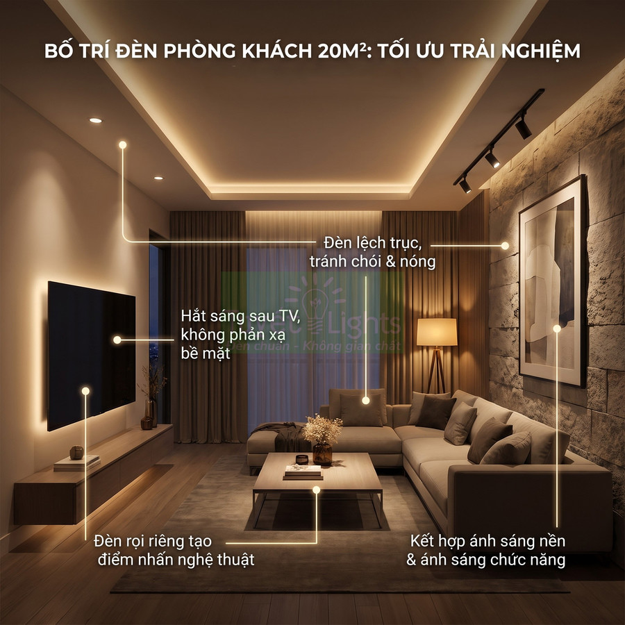 Bố trí hệ thống đèn LED phòng khách 20m2 với ánh sáng hắt trần, đèn rọi và đèn đứng tối ưu trải nghiệm