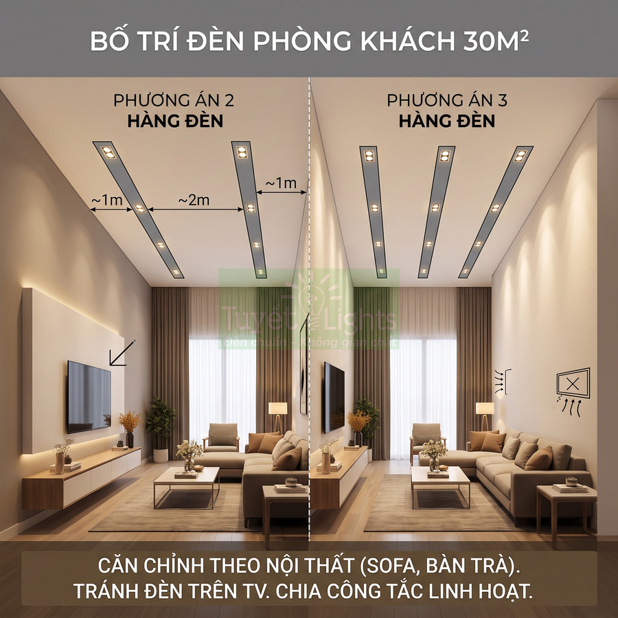 Bố trí đèn âm trần phòng khách 30m2 với hai phương án hàng đèn chiếu sáng sofa và bàn trà
