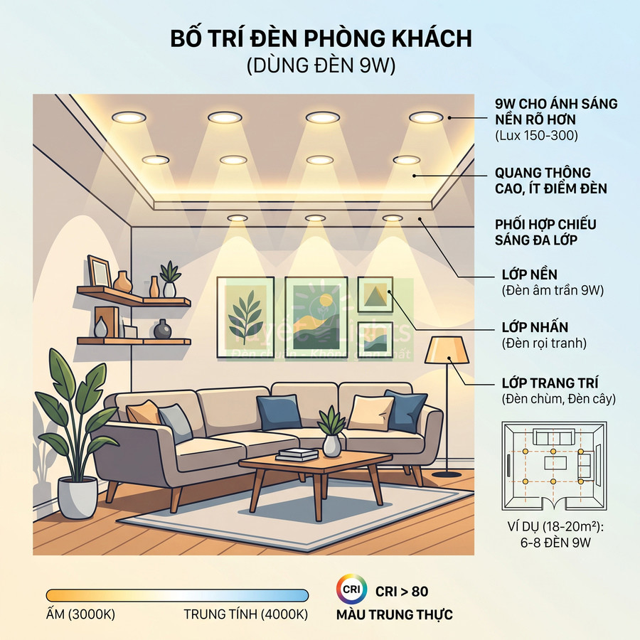 Bố trí đèn âm trần 9W cho phòng khách hiện đại với sofa, tranh treo tường và đèn trang trí