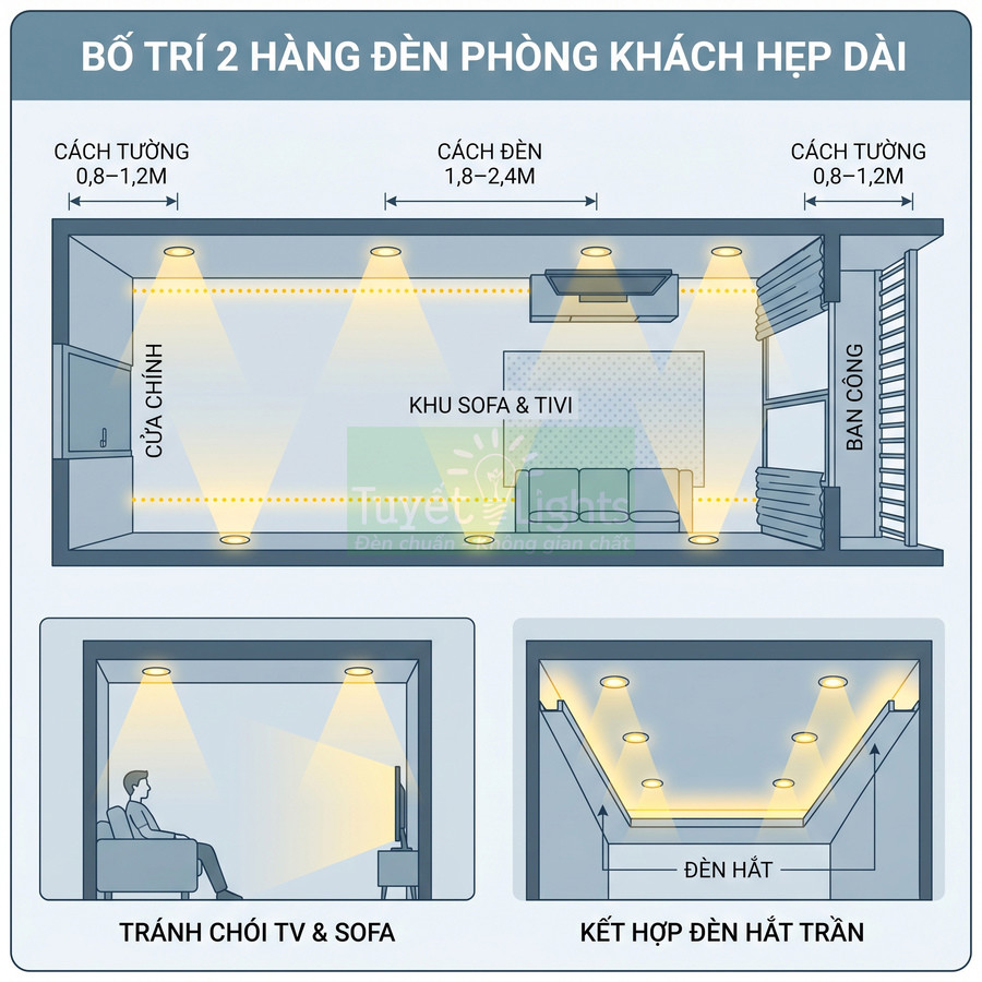 Sơ đồ bố trí hai hàng đèn âm trần cho phòng khách hẹp dài với khu sofa và tivi
