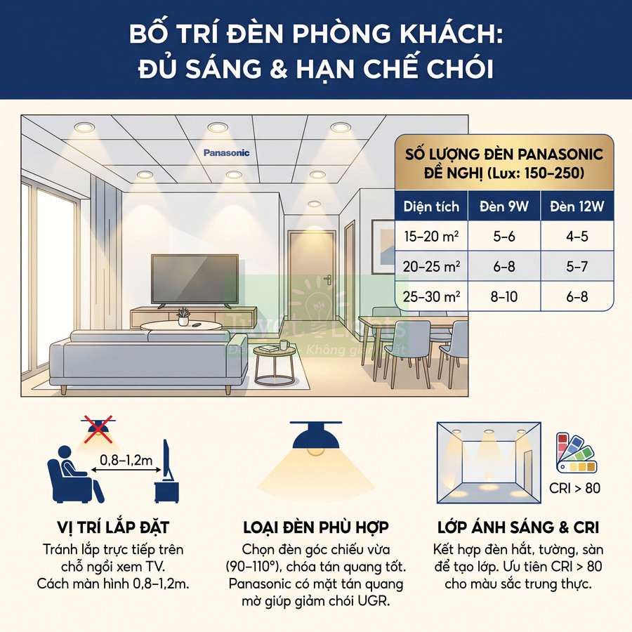 Sơ đồ bố trí đèn LED Panasonic cho phòng khách với số lượng đèn gợi ý theo diện tích