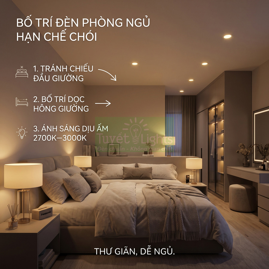 Phòng ngủ hiện đại với hệ thống đèn ngủ Tuyết Lights ánh sáng vàng dịu 2700K 3000K bố trí hai bên giường