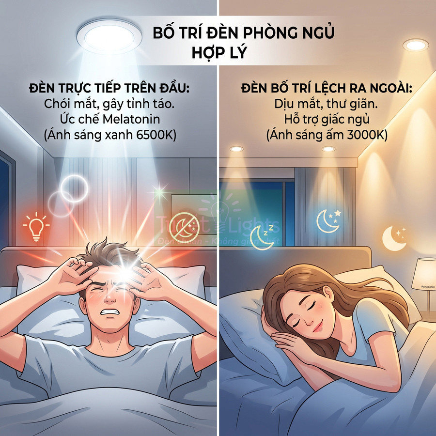 So sánh bố trí đèn phòng ngủ: đèn trần chiếu thẳng gây chói và đèn âm trần ánh sáng ấm giúp ngủ ngon