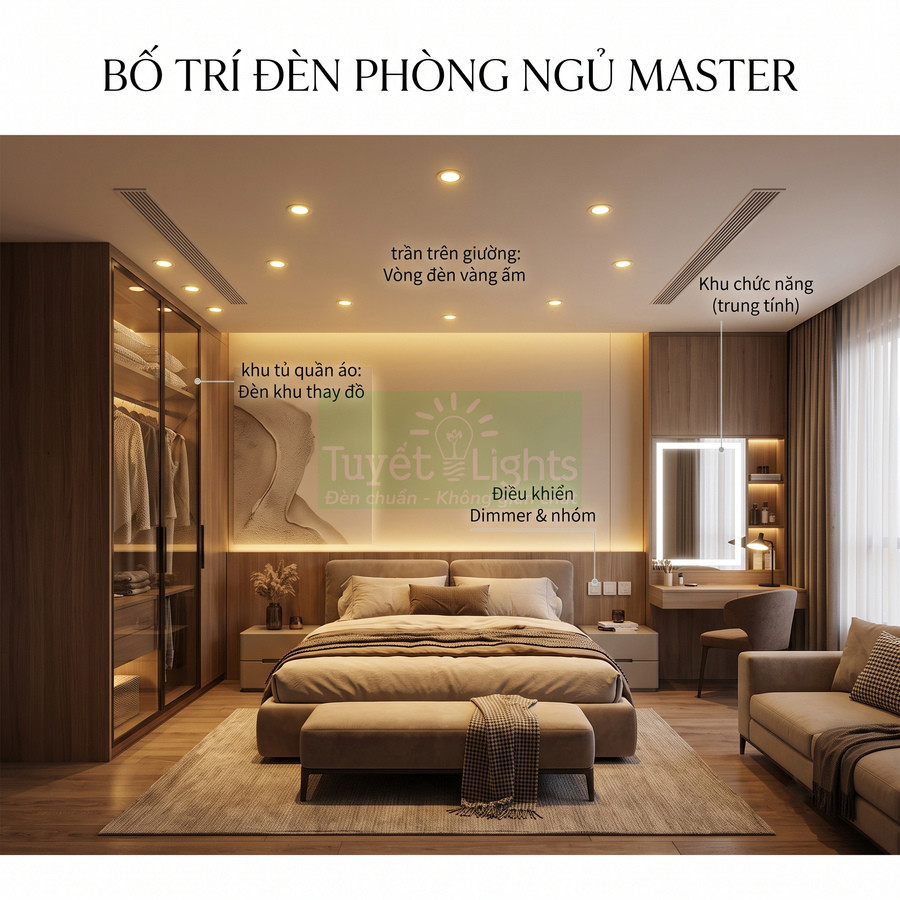 Phòng ngủ master hiện đại với hệ thống đèn âm trần, đèn hắt tường và đèn gương trang điểm ấm áp