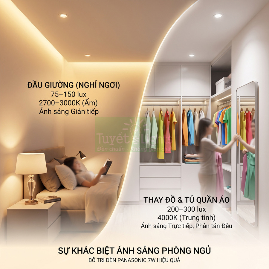 Bố trí đèn Panasonic 7W cho phòng ngủ và tủ quần áo với ánh sáng ấm và trung tính