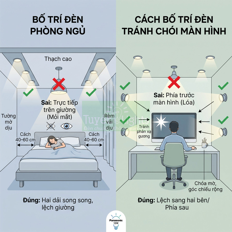 Hướng dẫn bố trí đèn Panasonic 12W cho phòng ngủ và bàn làm việc để tránh chói mắt, bảo vệ mắt