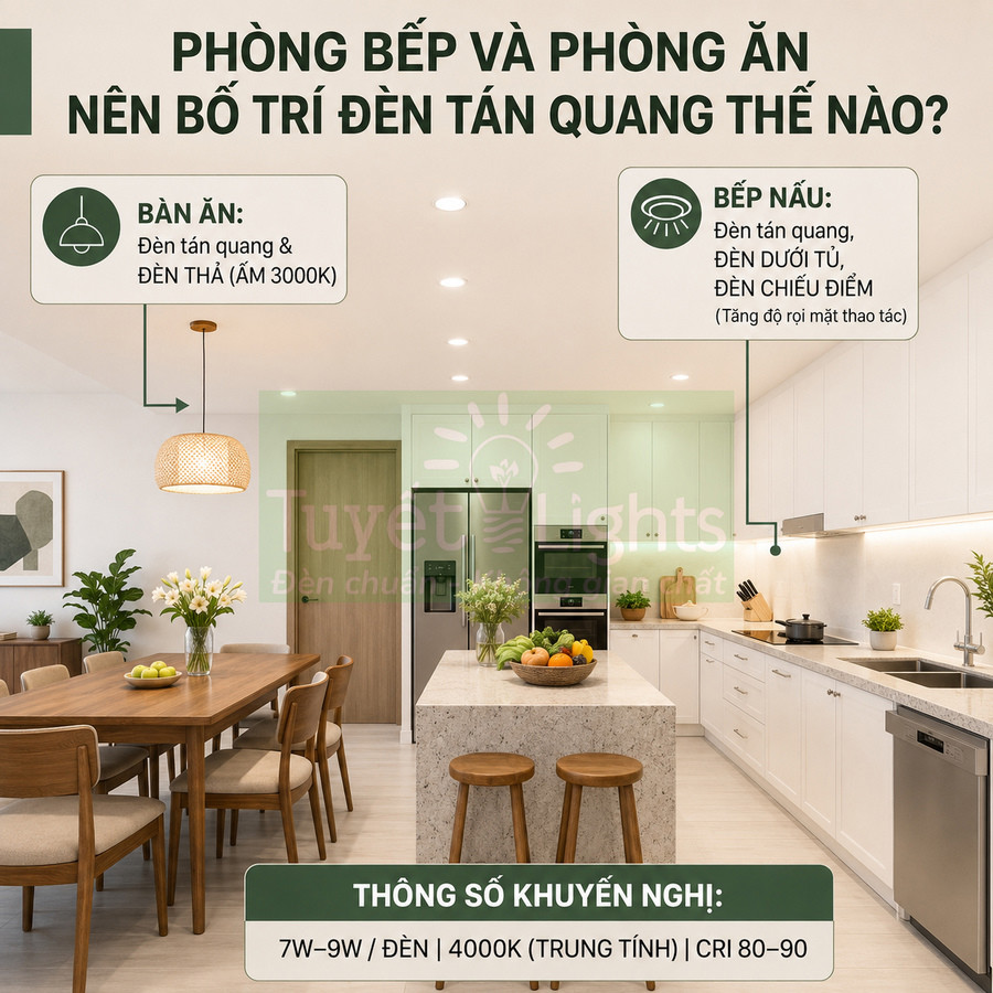 Phòng bếp và phòng ăn hiện đại sử dụng đèn tán quang, đèn thả và đèn dưới tủ cho ánh sáng ấm trung tính