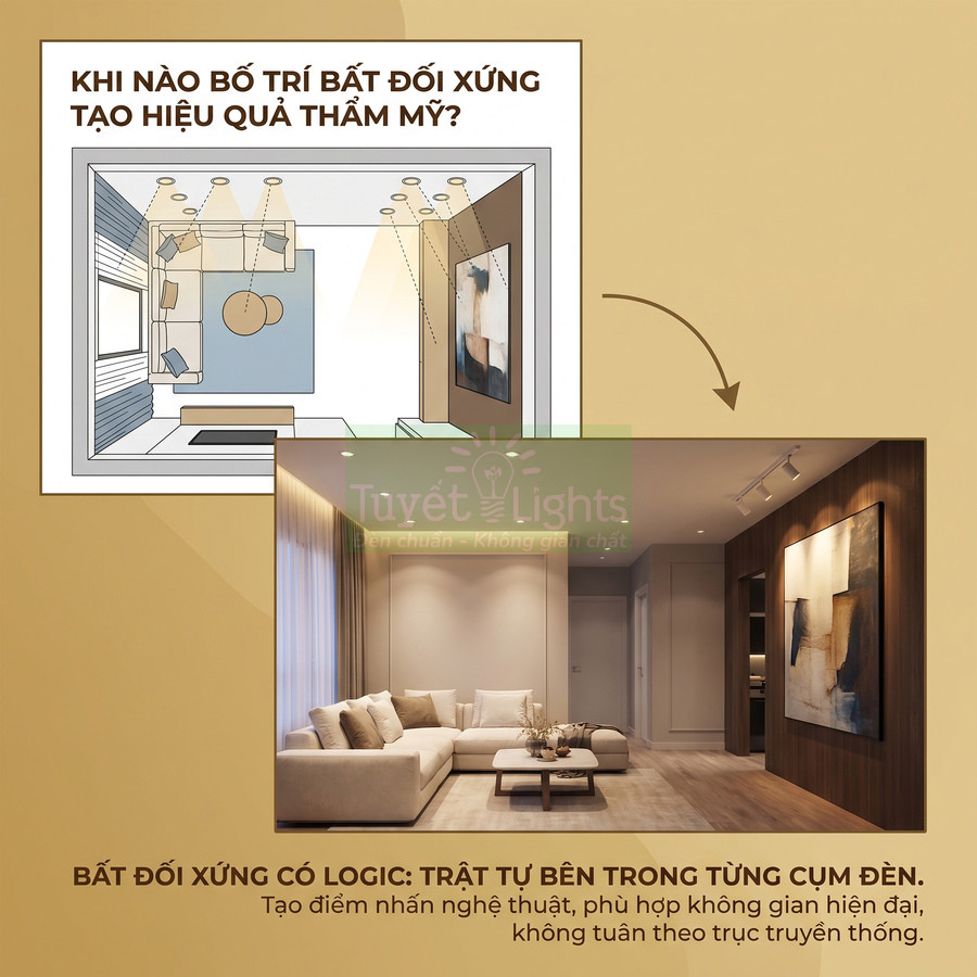 Đèn rọi ray Tuyết Lights chiếu tranh treo tường trong phòng khách hiện đại, tạo điểm nhấn ánh sáng bất đối xứng
