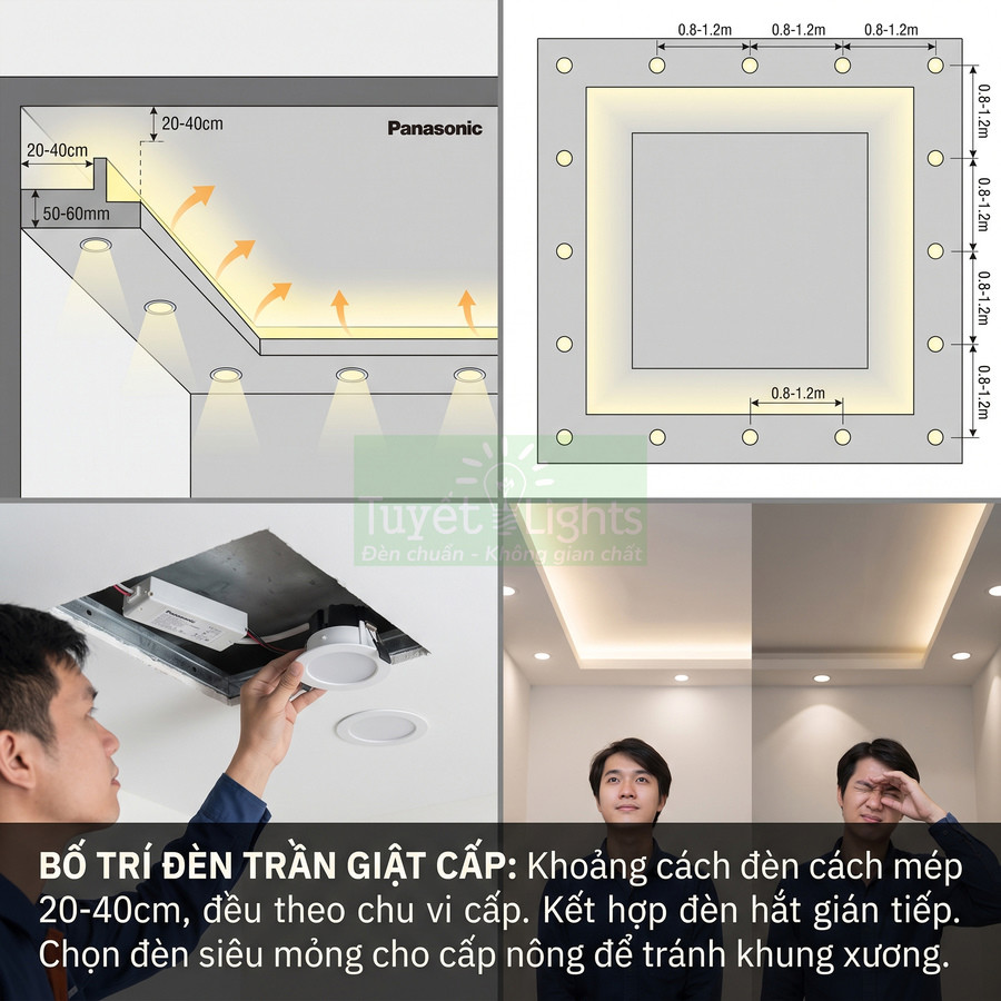 Hướng dẫn bố trí đèn trần giật cấp Panasonic với đèn led âm trần và đèn hắt gián tiếp cho phòng khách