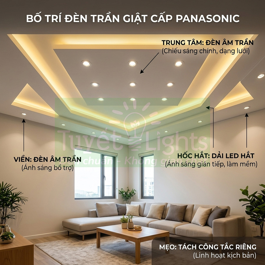 Trần giật cấp phòng khách lắp đèn âm trần và dải LED hắt Panasonic hiện đại, ánh sáng ấm