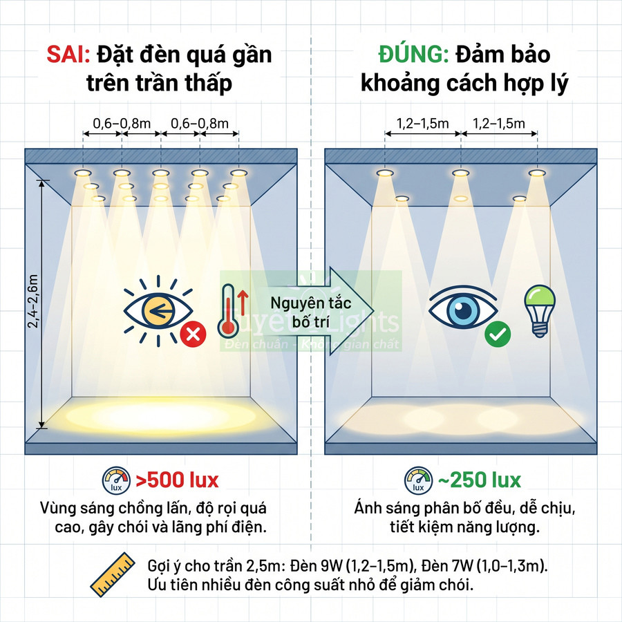 Hướng dẫn bố trí đèn LED âm trần đúng khoảng cách để giảm chói, phân bổ ánh sáng đều và tiết kiệm điện