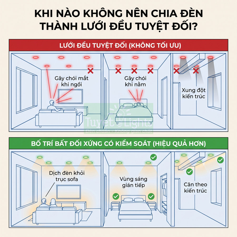Sơ đồ so sánh bố trí đèn trần lưới đều và bố trí bất đối xứng tối ưu chống chói trong phòng khách và phòng ngủ