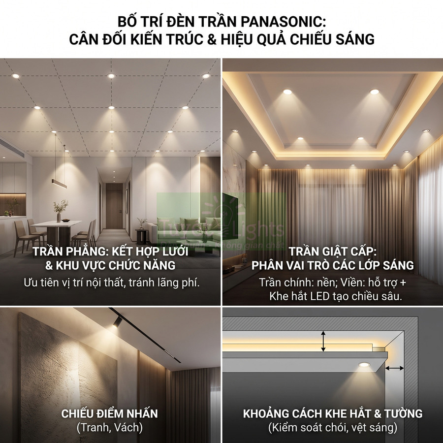 Bố trí đèn trần Panasonic cho trần phẳng và trần giật cấp trong phòng khách hiện đại