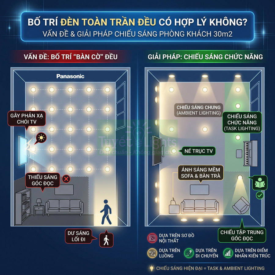 Sơ đồ so sánh bố trí đèn trần Panasonic và giải pháp chiếu sáng chức năng cho phòng khách 30m2
