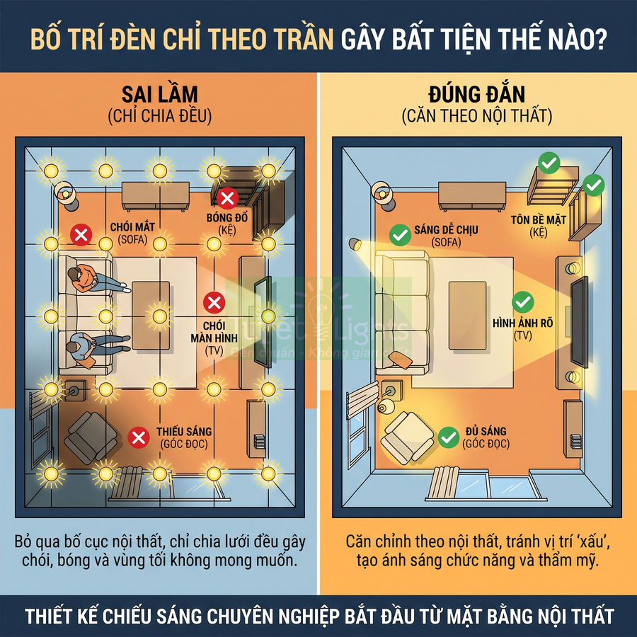 So sánh bố trí đèn trần sai và đúng trong phòng khách, minh họa cách chiếu sáng theo nội thất