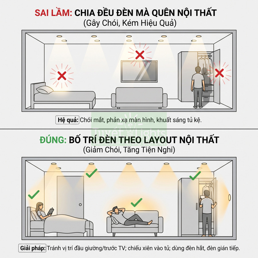 Minh họa cách bố trí đèn trần trong phòng ngủ đúng và sai để giảm chói và tăng tiện nghi