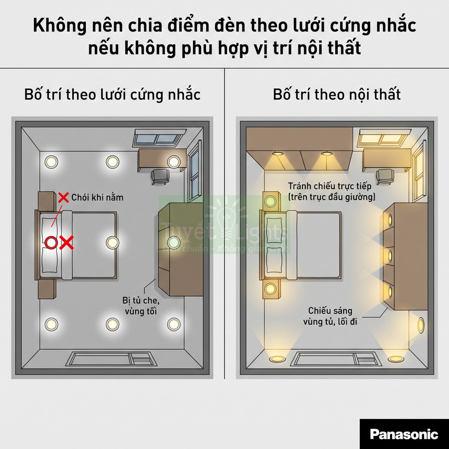 Sơ đồ so sánh cách bố trí đèn trần phòng ngủ Panasonic theo lưới và theo nội thất