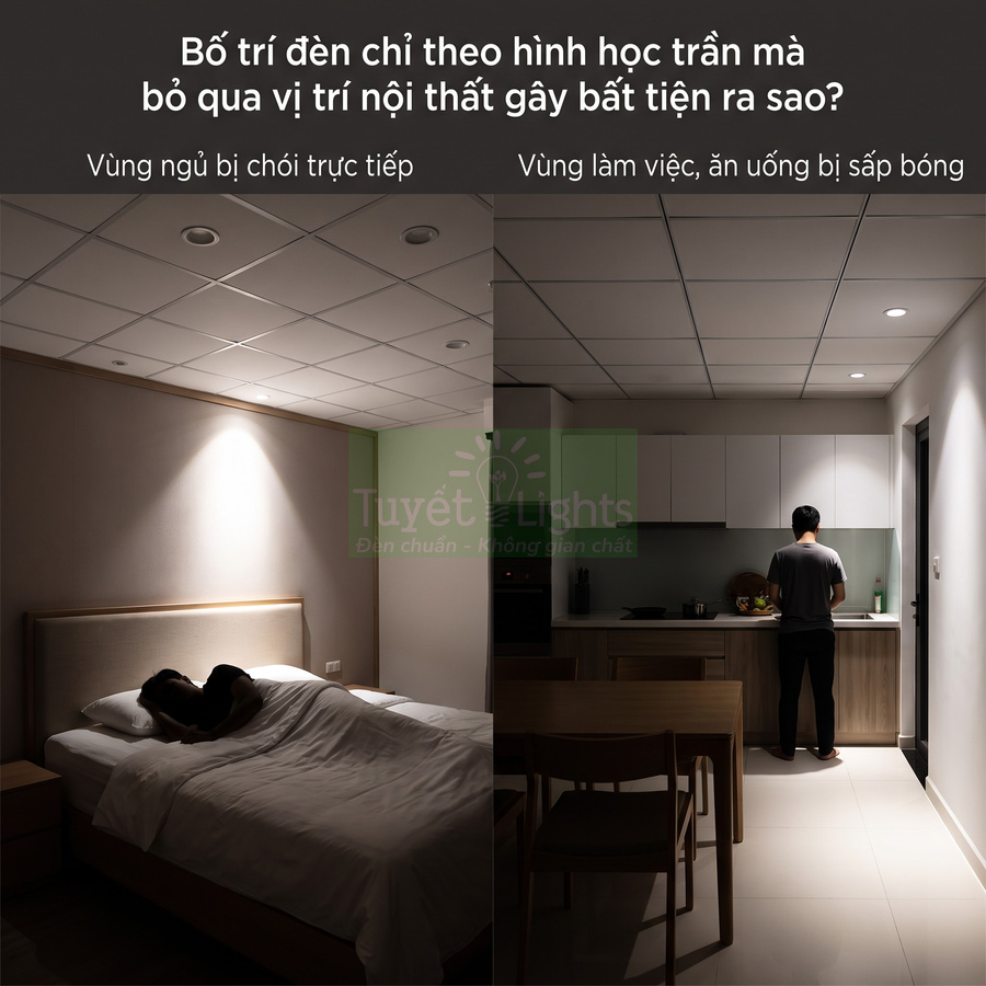Đèn âm trần chiếu sai vị trí gây chói vùng ngủ và thiếu sáng khu bếp trong căn hộ hiện đại