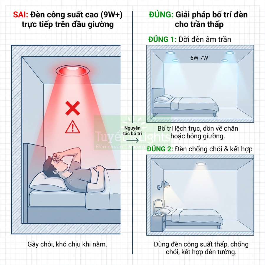 Minh họa cách bố trí đèn trần và đèn tường công suất thấp chống chói cho phòng ngủ trần thấp