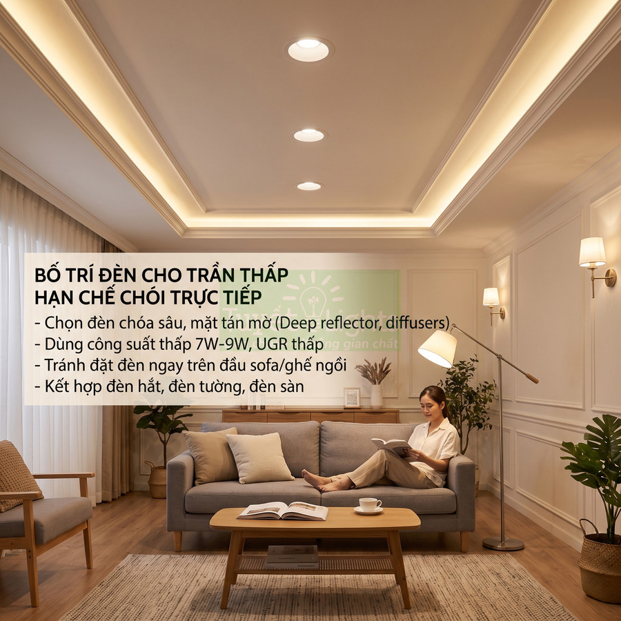 Phòng khách trần thấp sử dụng đèn âm trần, đèn tường và đèn sàn ánh sáng vàng dịu chống chói