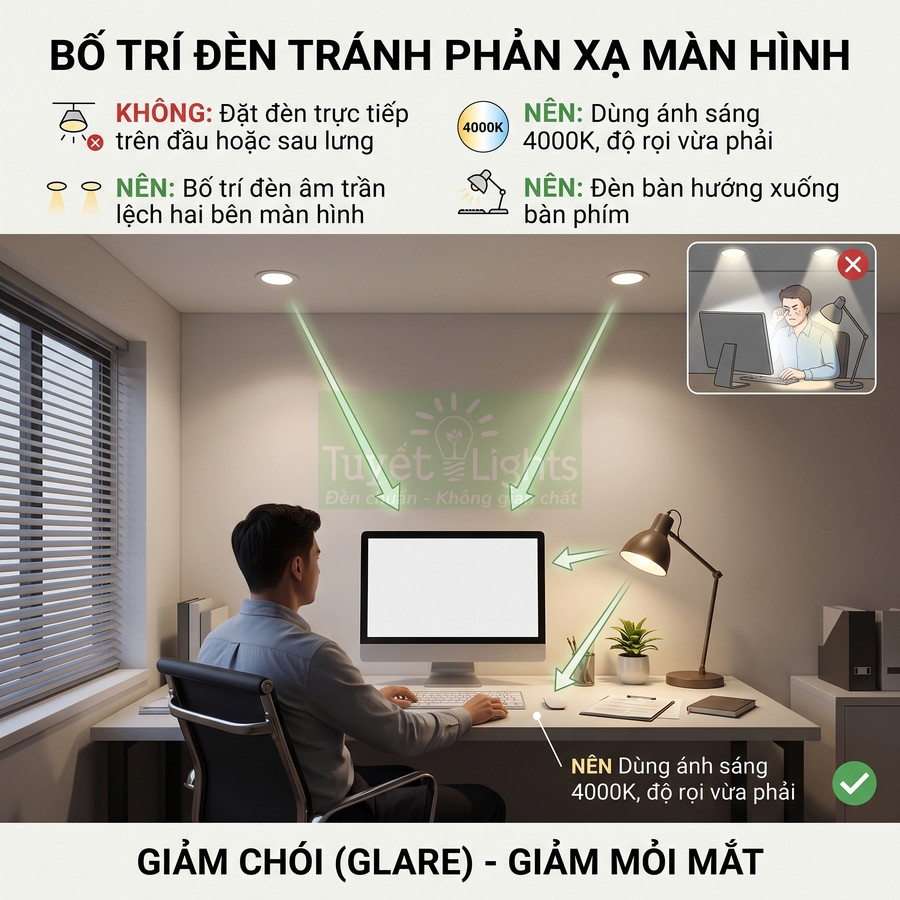 Bố trí đèn bàn và đèn âm trần chiếu lệch hai bên giúp giảm chói màn hình máy tính khi làm việc