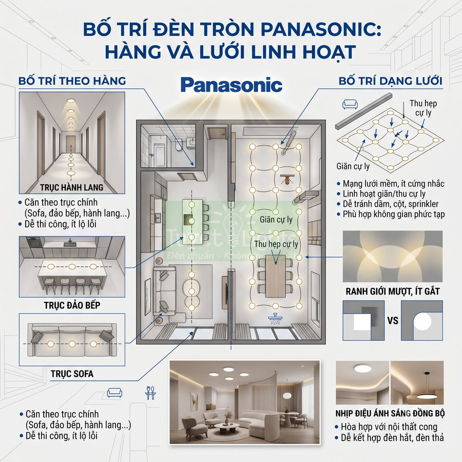 Sơ đồ bố trí đèn tròn Panasonic theo hàng và dạng lưới cho phòng khách, bếp và hành lang trong căn hộ