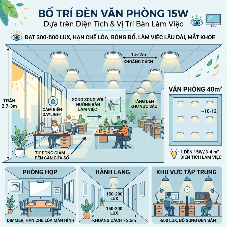 Sơ đồ bố trí đèn LED 15W cho văn phòng, phòng họp, hành lang và khu vực tập trung làm việc