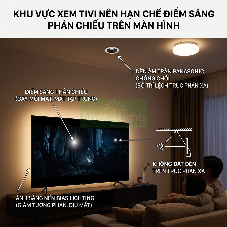 Phòng khách với tivi treo tường, đèn âm trần Panasonic chống chói và ánh sáng nền bias lighting giảm phản chiếu màn hình