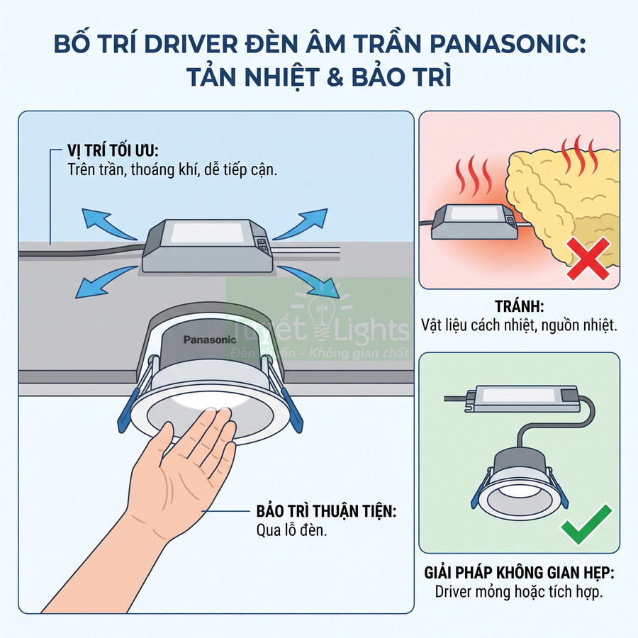 Hướng dẫn bố trí driver đèn âm trần Panasonic tối ưu tản nhiệt và bảo trì qua lỗ đèn