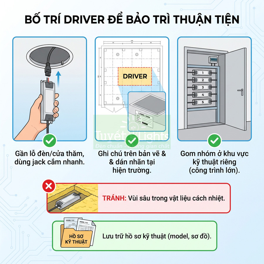 Hướng dẫn bố trí driver đèn LED để bảo trì thuận tiện, vị trí lắp đặt an toàn và lưu trữ hồ sơ kỹ thuật
