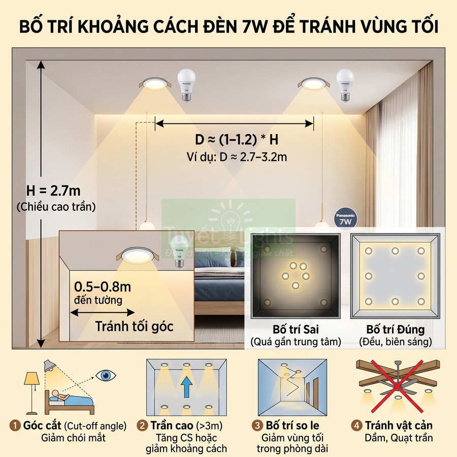Hướng dẫn bố trí đèn LED âm trần 7W trong phòng ngủ để tránh vùng tối và phân bổ ánh sáng đều